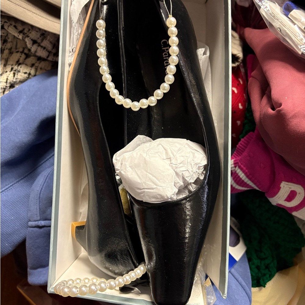 Black Pearl-Embellished Low Heel Pumps